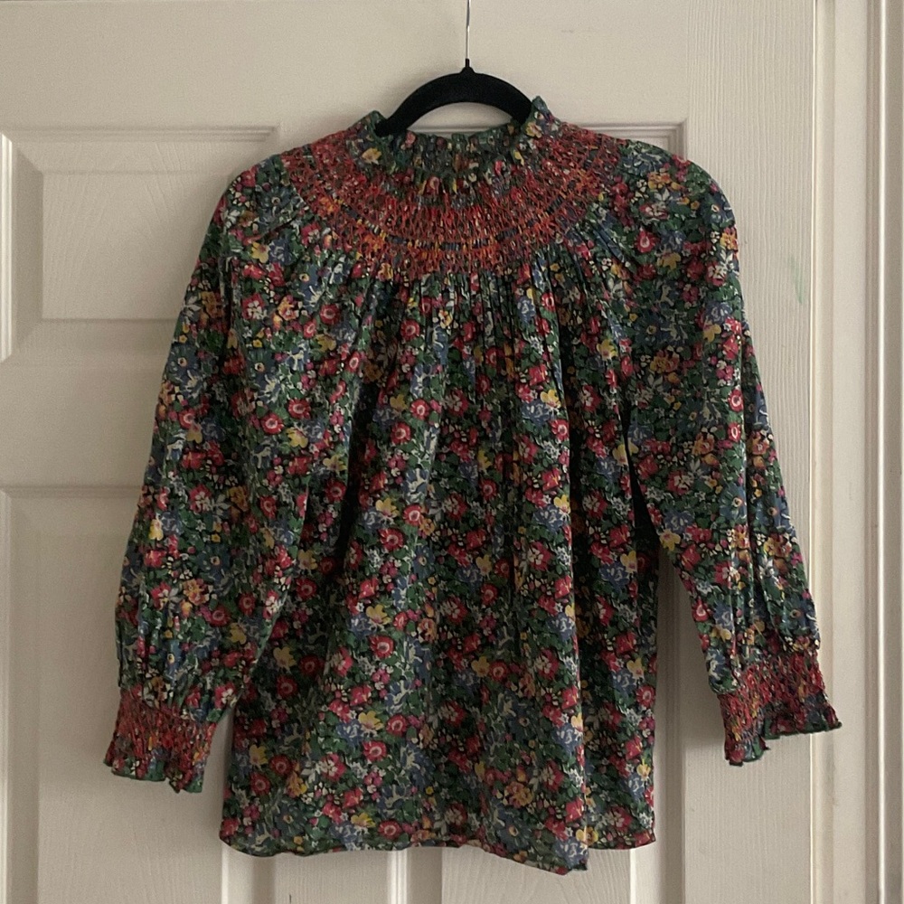 Sezane Green Floral Smocked High-Neck Blouse